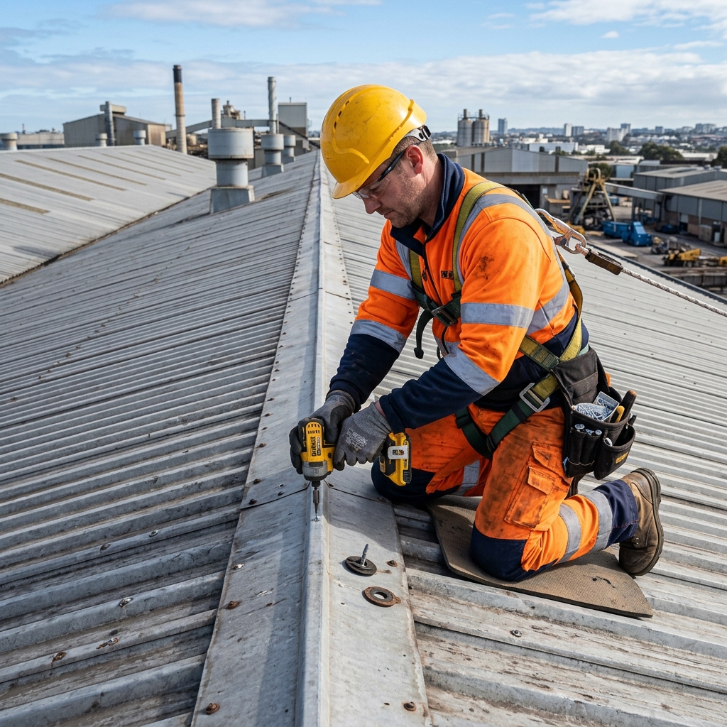 Roof inspector checking fasteners and sheets