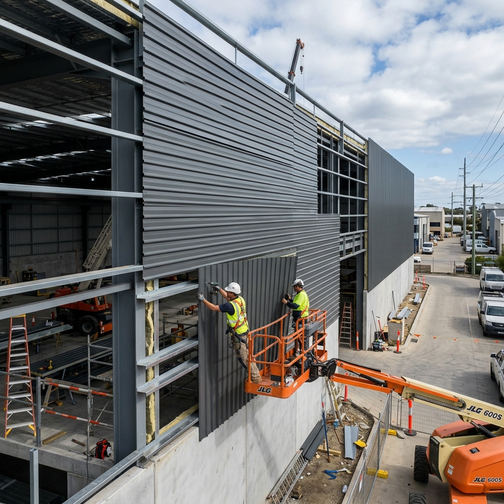 Industrial wall cladding panel installation under progress